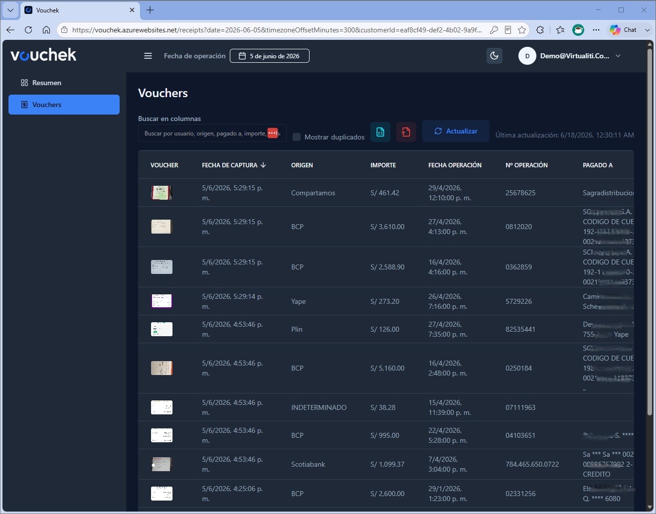 Pantalla de vouchers en la web de VouChek